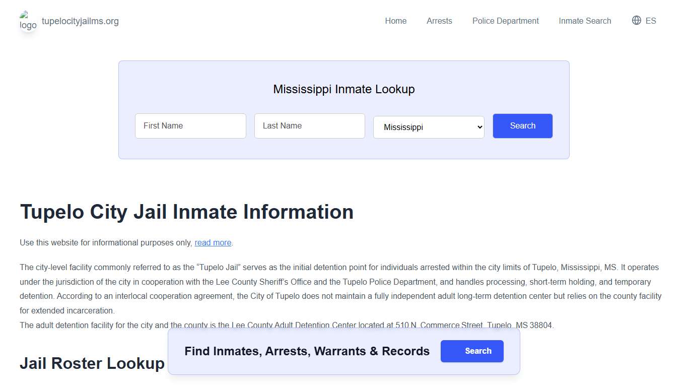 Tupelo Jail, MS Inmate Roster, Municipal Jail Info